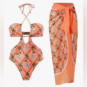 One Piece Swimsuit with Beach Cover up Wrap Skirt Retro FloralBathing Suit